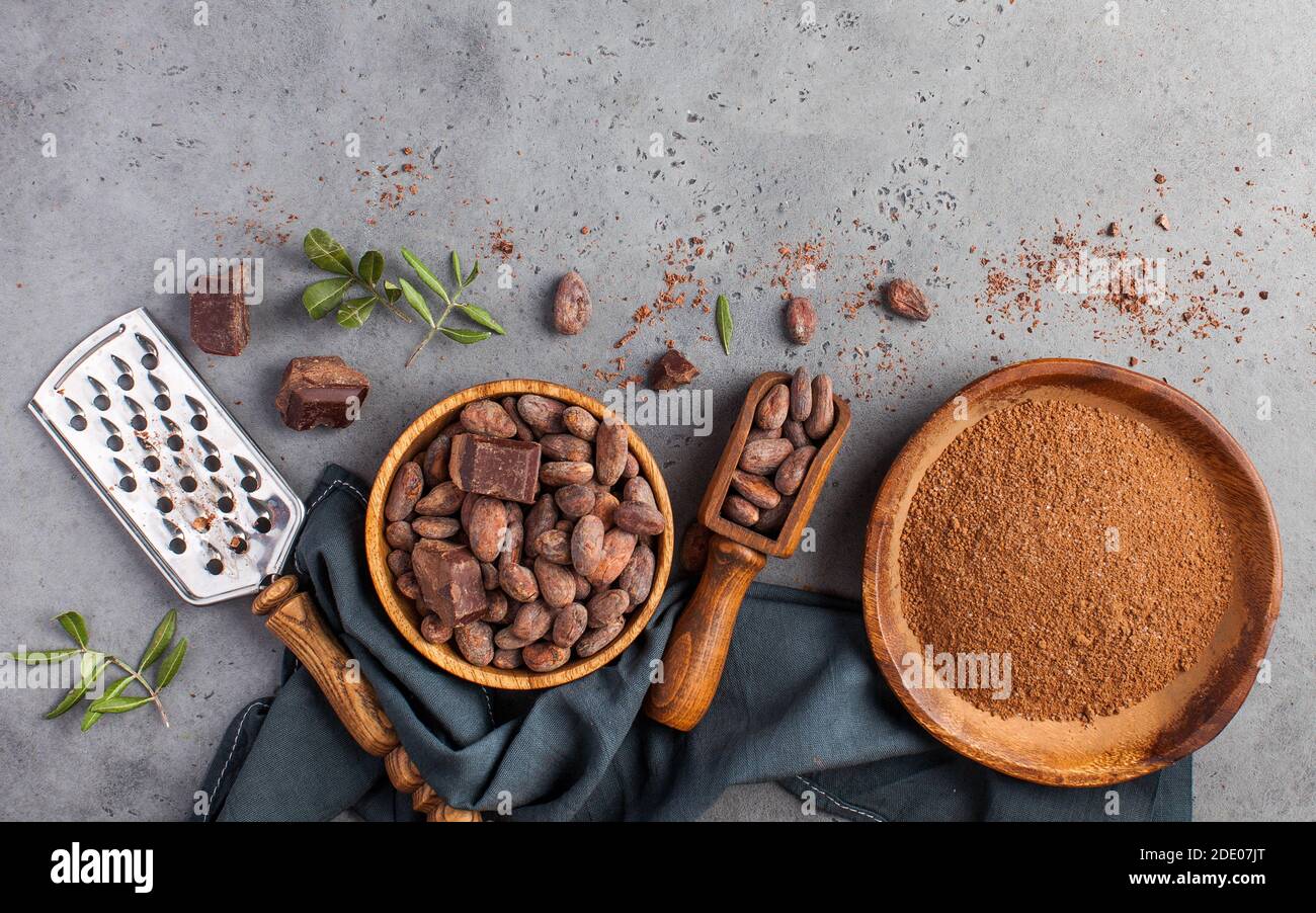 Cocoa beans, cocoa powder, raw chocolate on a gray background. The