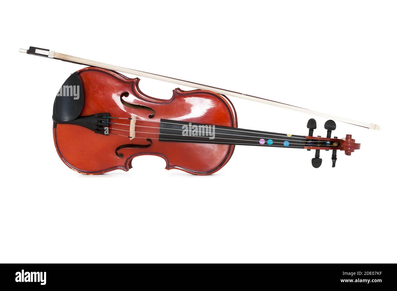 A viola and bow isolated against a white studio background. Stock Photo