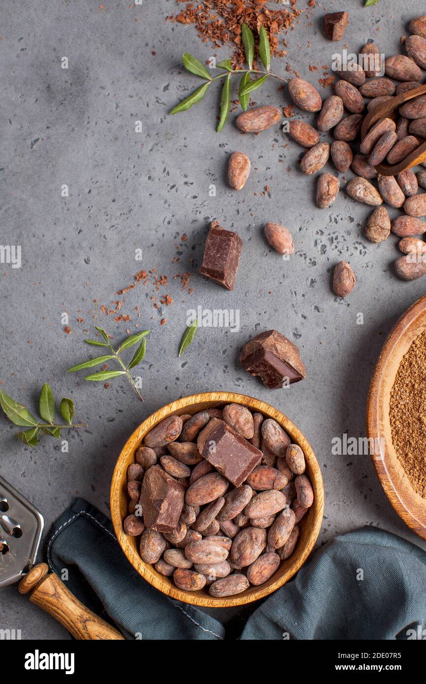 Cocoa beans, cocoa powder, raw chocolate on a gray background. The concept of healthy eating