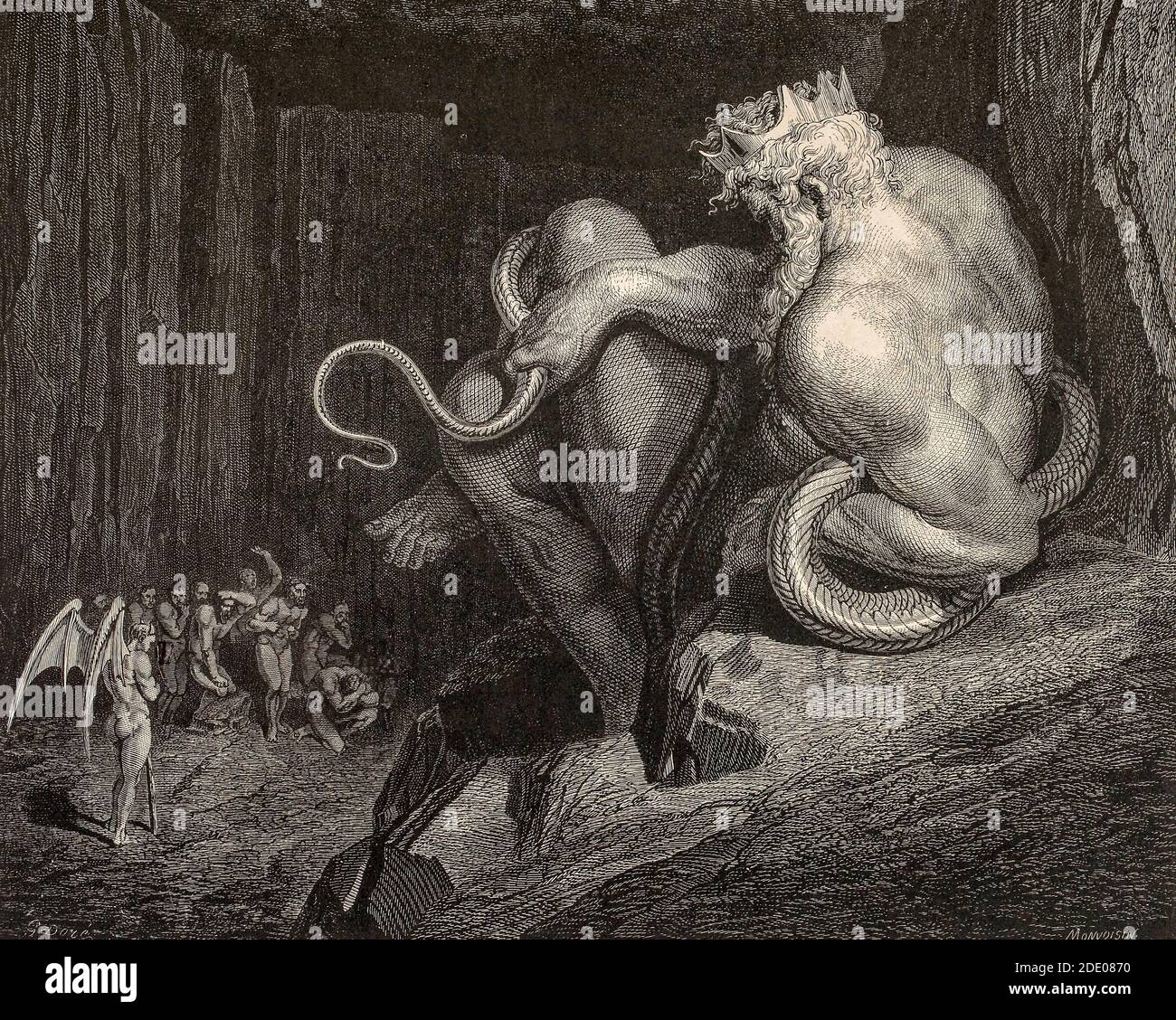 Dante Divina Commedia - Hell - minos judge infernal canto V - illustration by Gustave Dorè Stock Photo