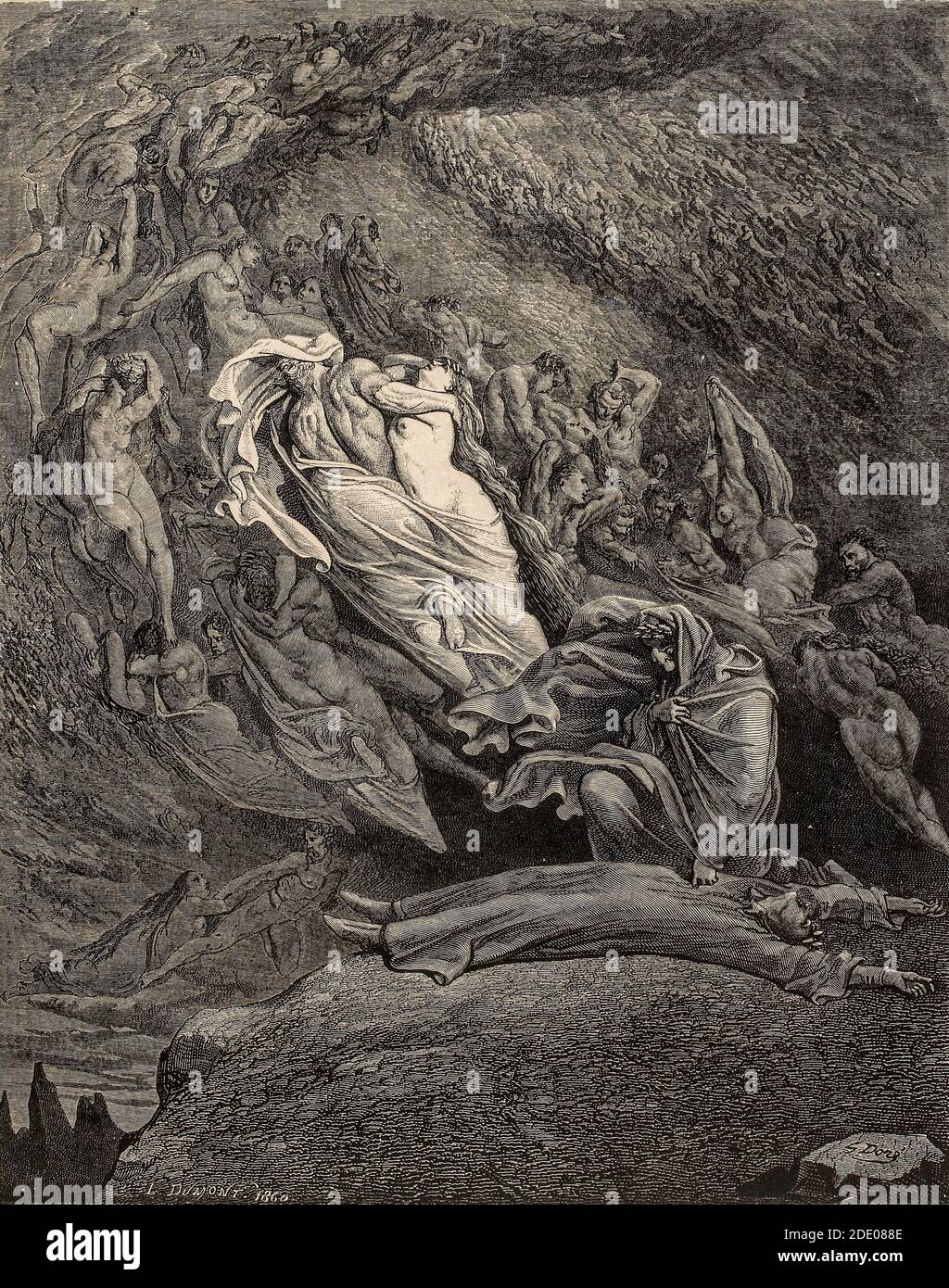 Dante Divina Commedia - Hell - Paolo  Malatesta and Francesca Da Rimini  - love beyond death  -  Canto V - circle of the lustful  - illustration by Gustave Dorè Stock Photo