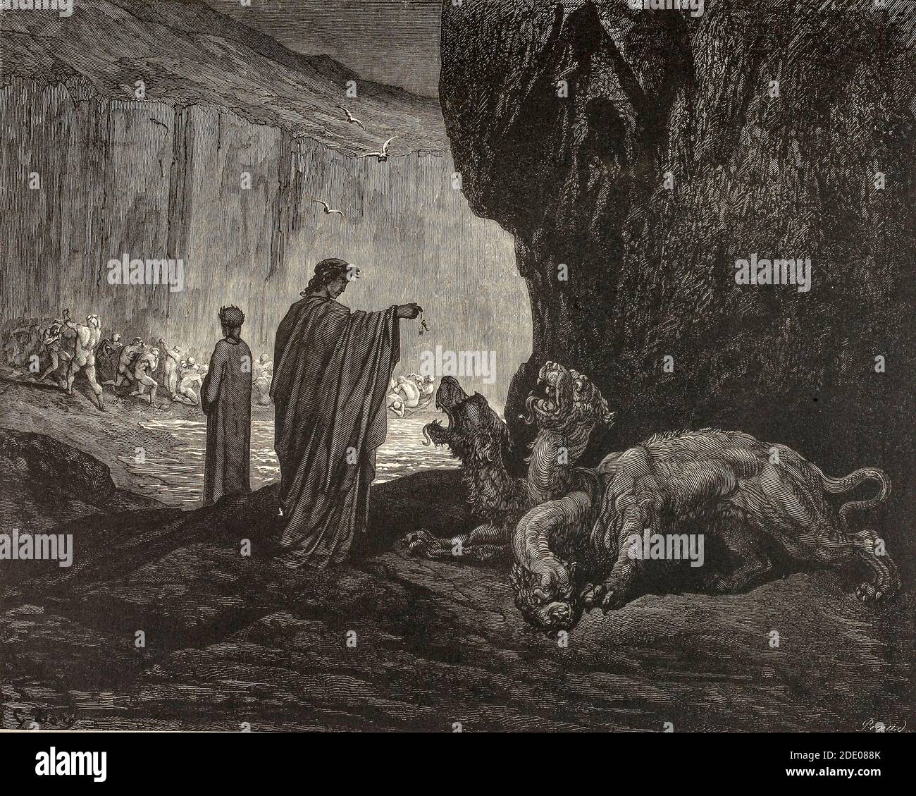 Dante Divina Commedia - Hell -Dante meets Cerberus, a character from Greek mythology, one of the monsters guarding the entrance to the underworld over which the god Hades reigned  - Canto VI - illustration by Gustave Dorè Stock Photo