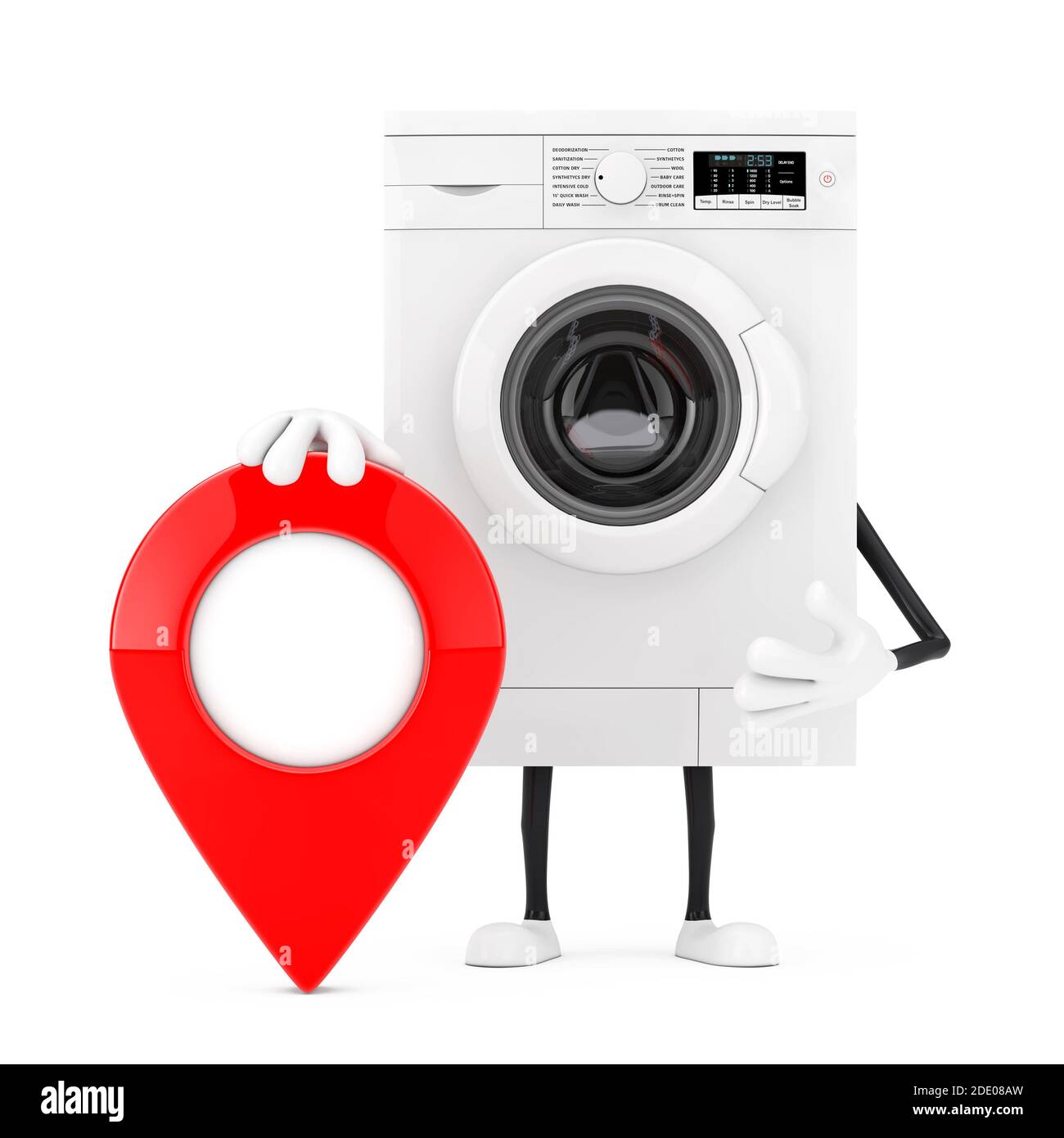 Modern White Washing Machine Character Mascot with Red Map Pointer