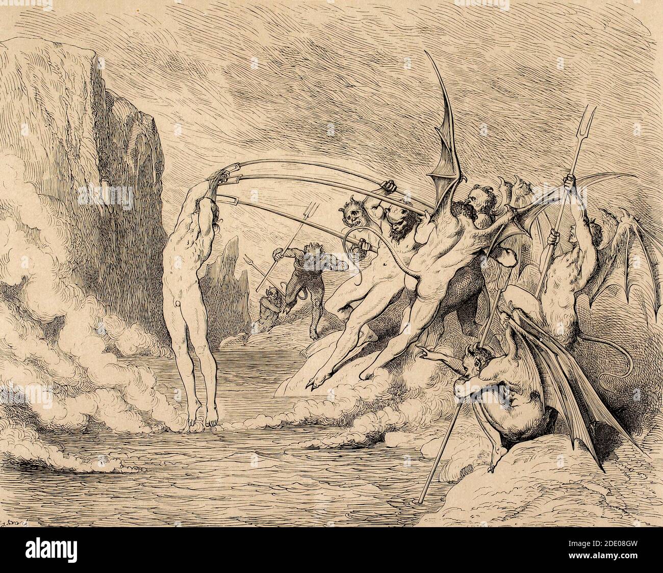 Dante Divina Commedia - Hell -  XXI Canto  -The Malebranche  - VIII Circle - illustration by Gustave Dorè Stock Photo