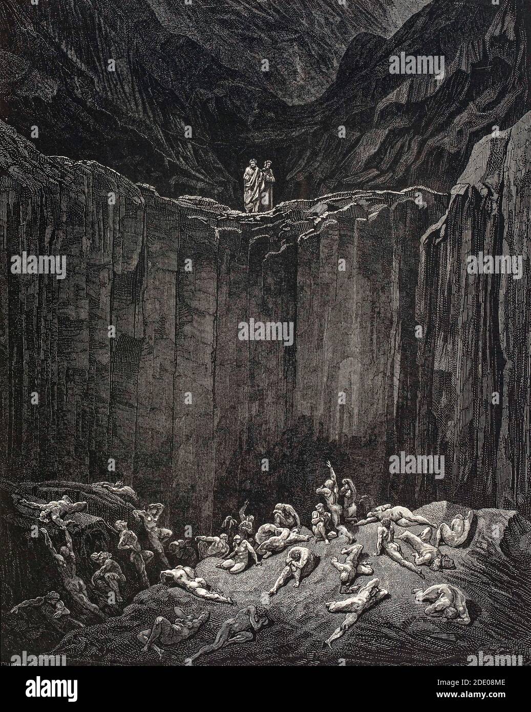 Dante Divina Commedia - Hell - XXIX Canto -  Virgil and Dante in which sowers of discord and counterfeiters are punished respectively - VIII Circle - illustration by Gustave Dorè Stock Photo
