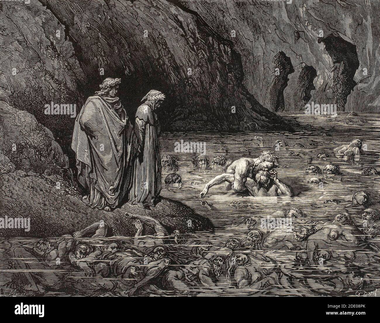 Dante Divina Commedia - Hell - XXXII Canto - Dante and Virgil in  ice of Cocito, where the traitors of relatives (Caina) and those of the fatherland and the party (Antenora) are punished respectively - Dante and Virgil Meet  with Ugolino and Archbishop Ruggieri   -  IX Circle - illustration by Gustave Dorè Stock Photo