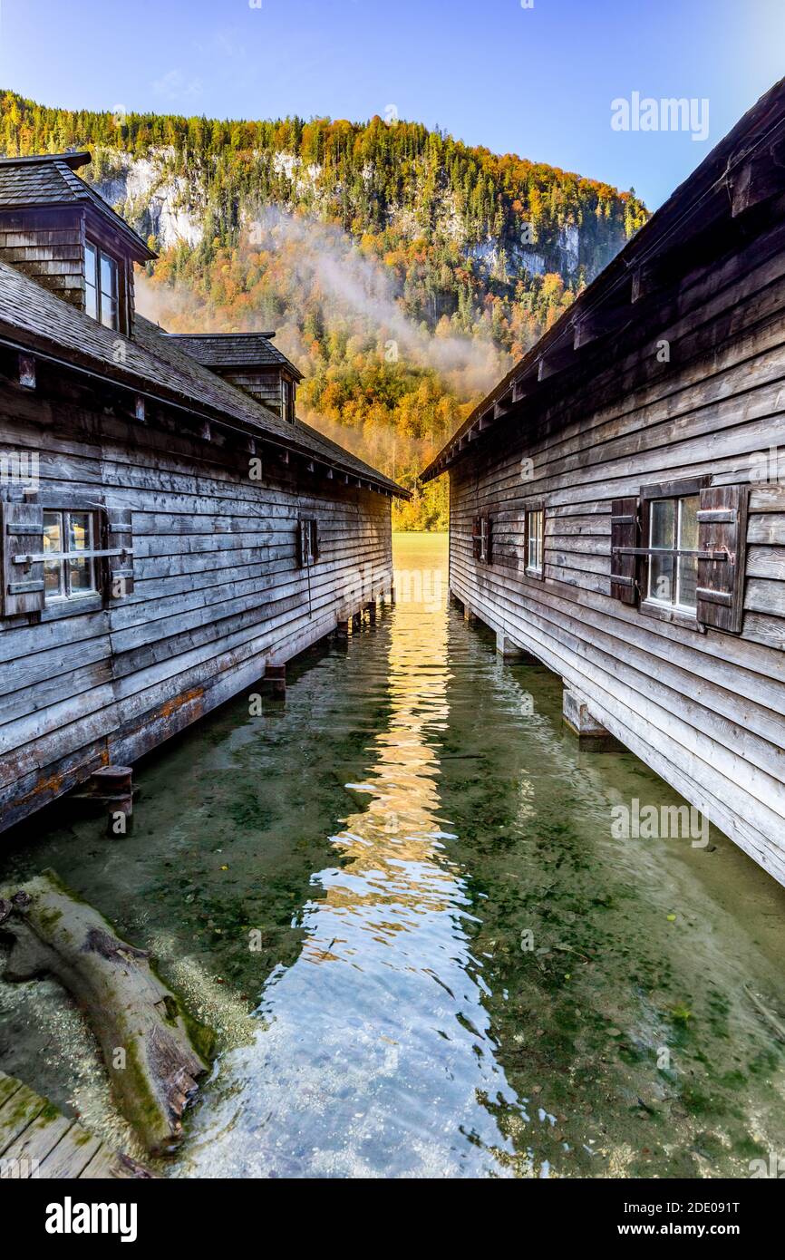 Boat houses at the Königssee in Schönau in Berchtesgadener Land, Bavaria, Germany. Stock Photo