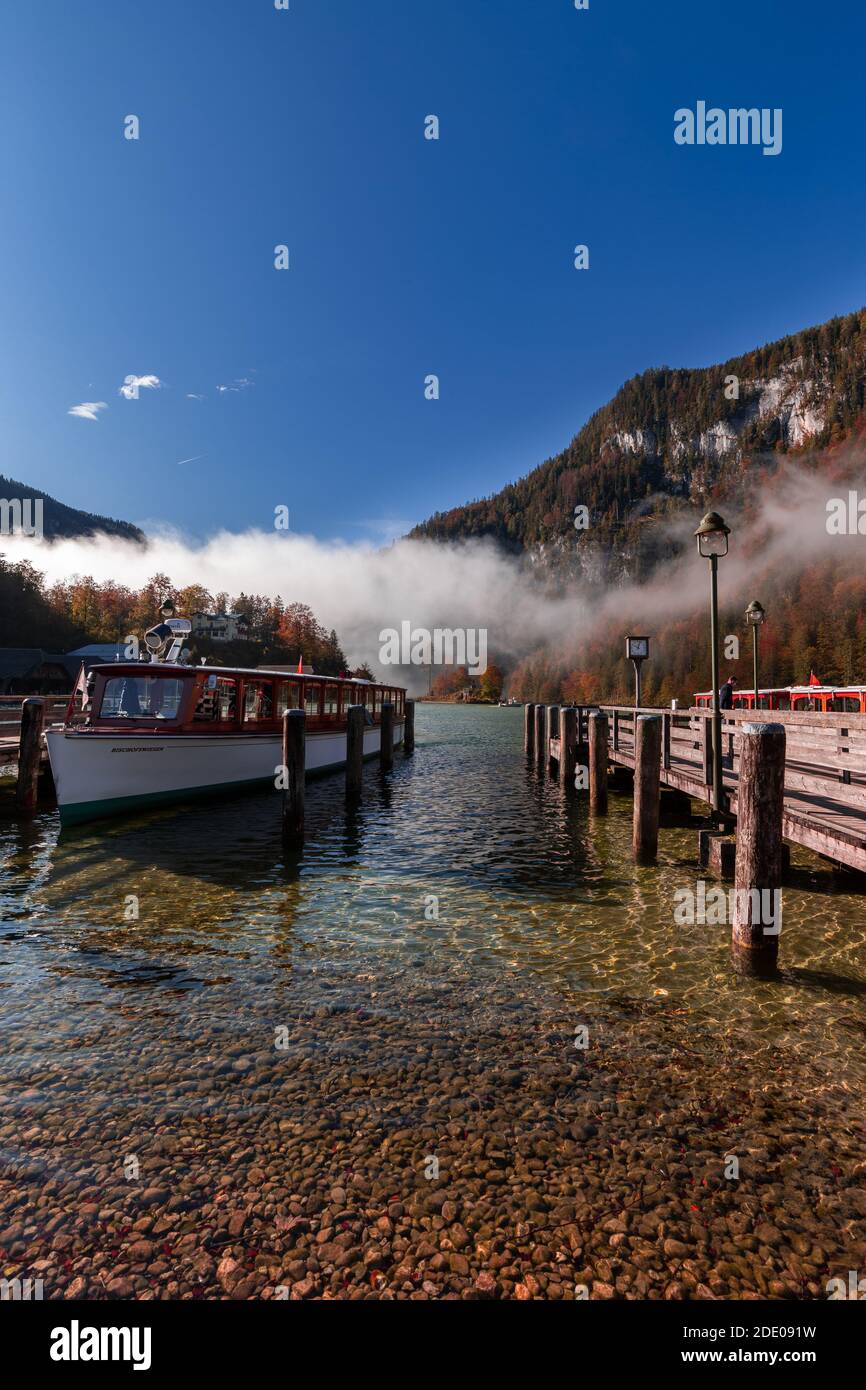 Morning at the landing stage at the Königssee in Schönau in Berchtesgadener Land, Bavaria, Germany. Stock Photo