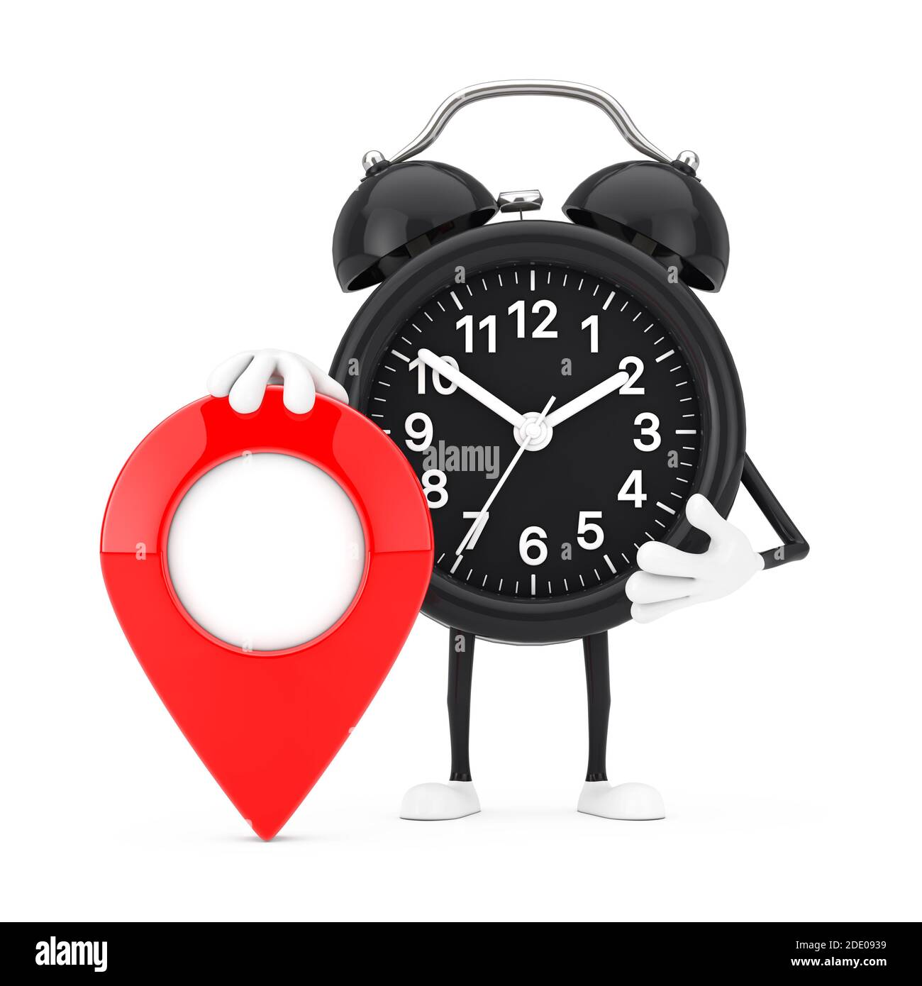 Alarm Clock Character Mascot with Red Target Map Pointer Pin on a white