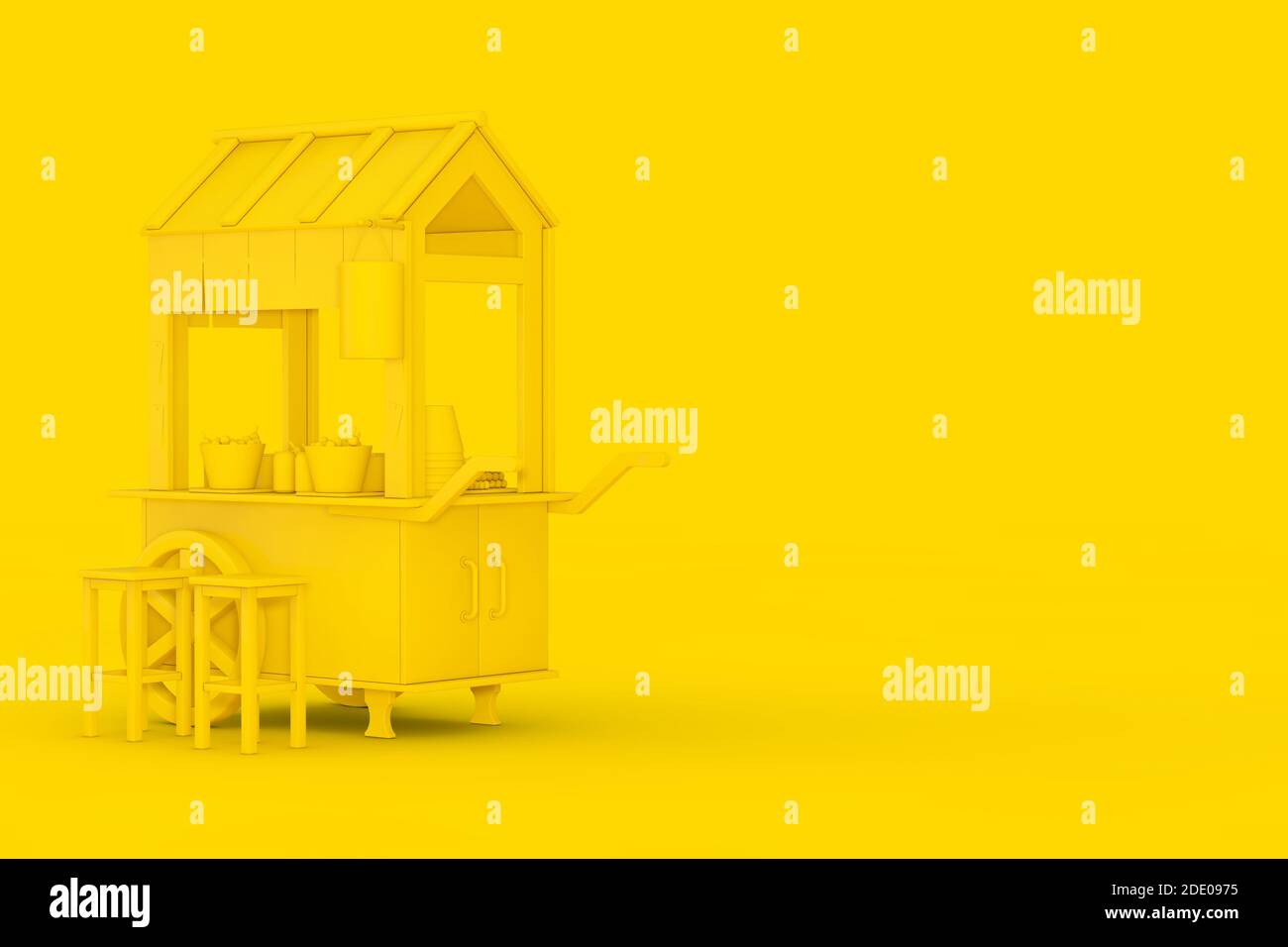 Yellow Asian Wooden Street Food Meatball Noodle Cart with Chairs in Duotone Style on a yellow background. 3d Rendering Stock Photo