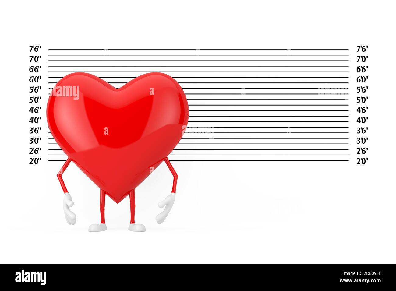 Red Heart Character Mascot in front of Police Lineup or Mugshot Background extreme closeup. 3d Rendering Stock Photo