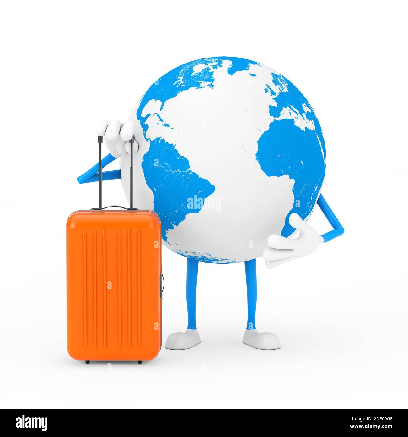 Earth Globe Character Mascot with Orange Travel Suitcase on a yellow background. 3d Rendering Stock Photo