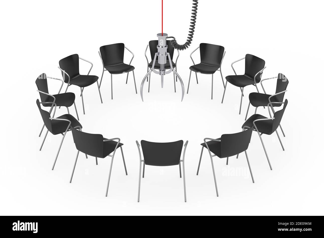 Black Office Chairs Around Chrome Robotic Claw on a white background. 3d Rendering Stock Photo