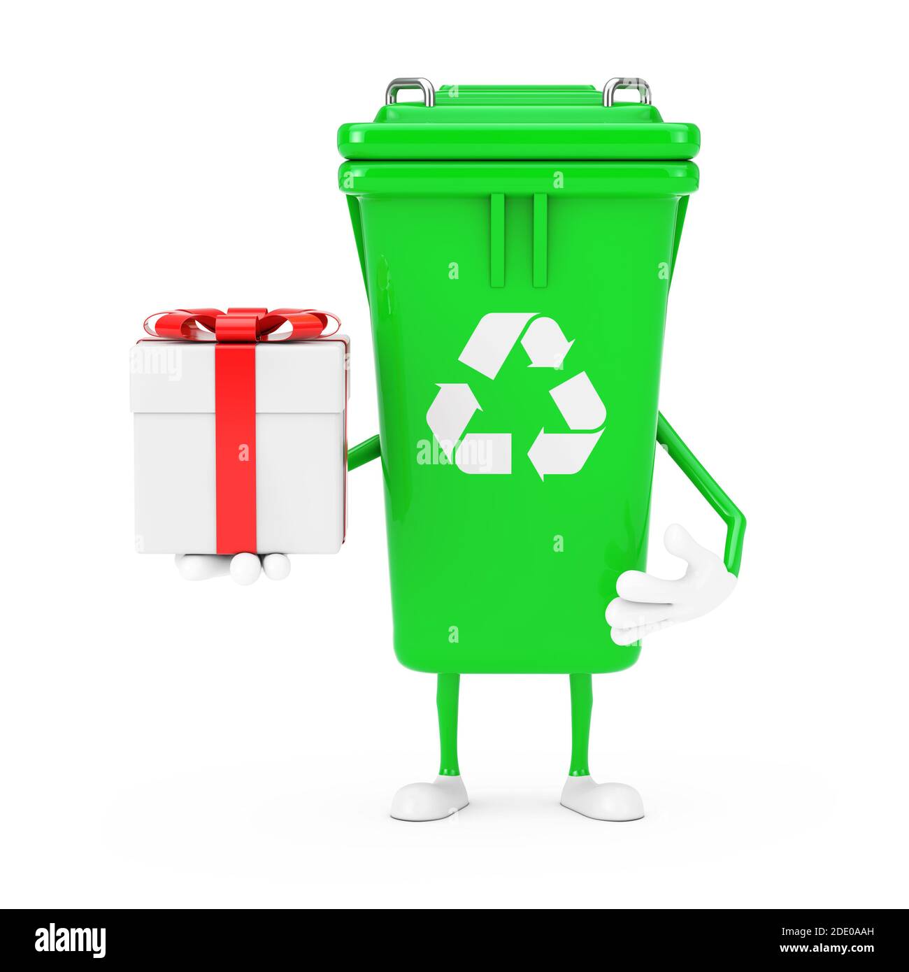 Recycle Sign Green Garbage Trash Bin Character Mascot  with Gift Box and Red Ribbon on a white background. 3d Rendering Stock Photo
