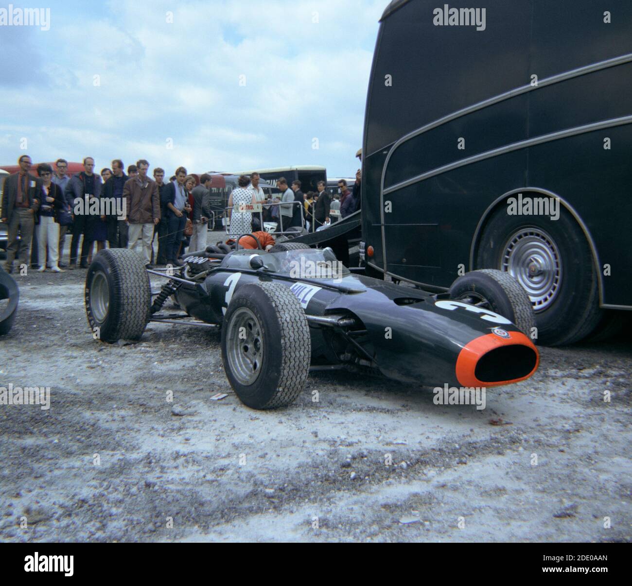 Graham Hill's BRM P261 F1 car in the paddock at Brands Hatch Practice for the 1966 British Grand Prix, 15th July. Hill finished 3rd in next day's race Stock Photo