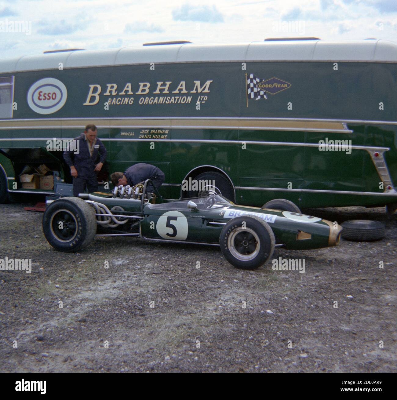 Brabham-Repco Formula 1 car in the paddock at Brands Hatch Practice for the 1966 British Grand Prix, 15th July. Jack Brabham won the race next day Stock Photo