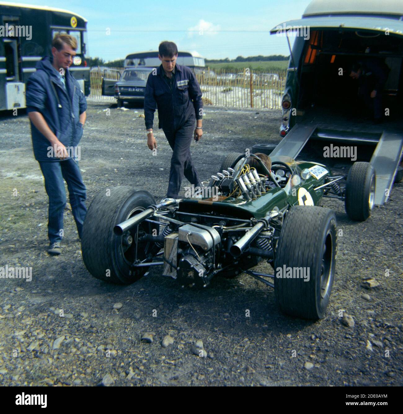 Jack Brabham's Brabham-Repco F1 car unloaded in the paddock, Brands Hatch Practice for the 1966 British Grand Prix, 15th July. Brabham won on race-day Stock Photo