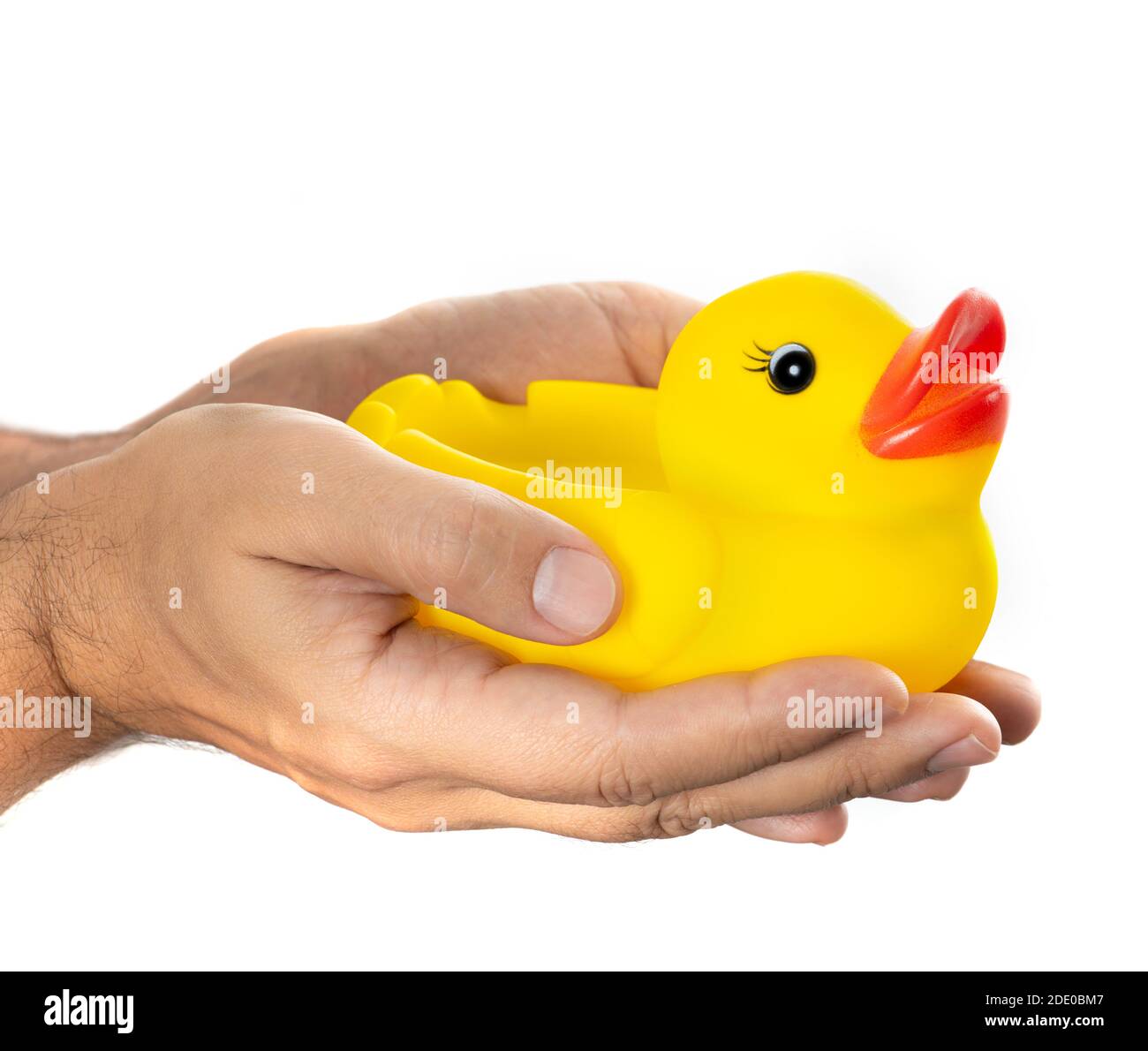 Yellow inflatable rubber duck in hands symbol of the Thai protests