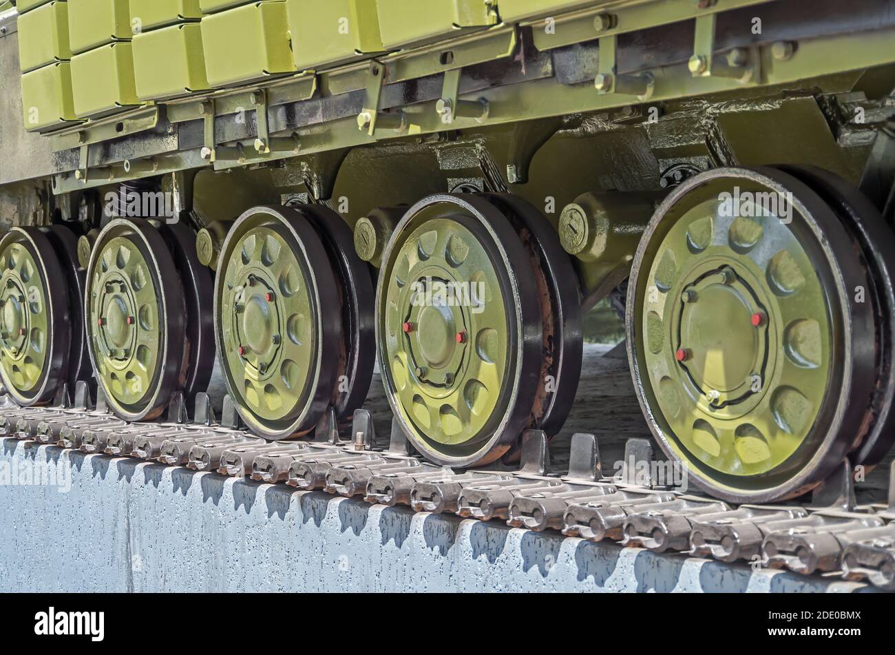 Chassis of military tank t64 Soviet production close view, iron wheels