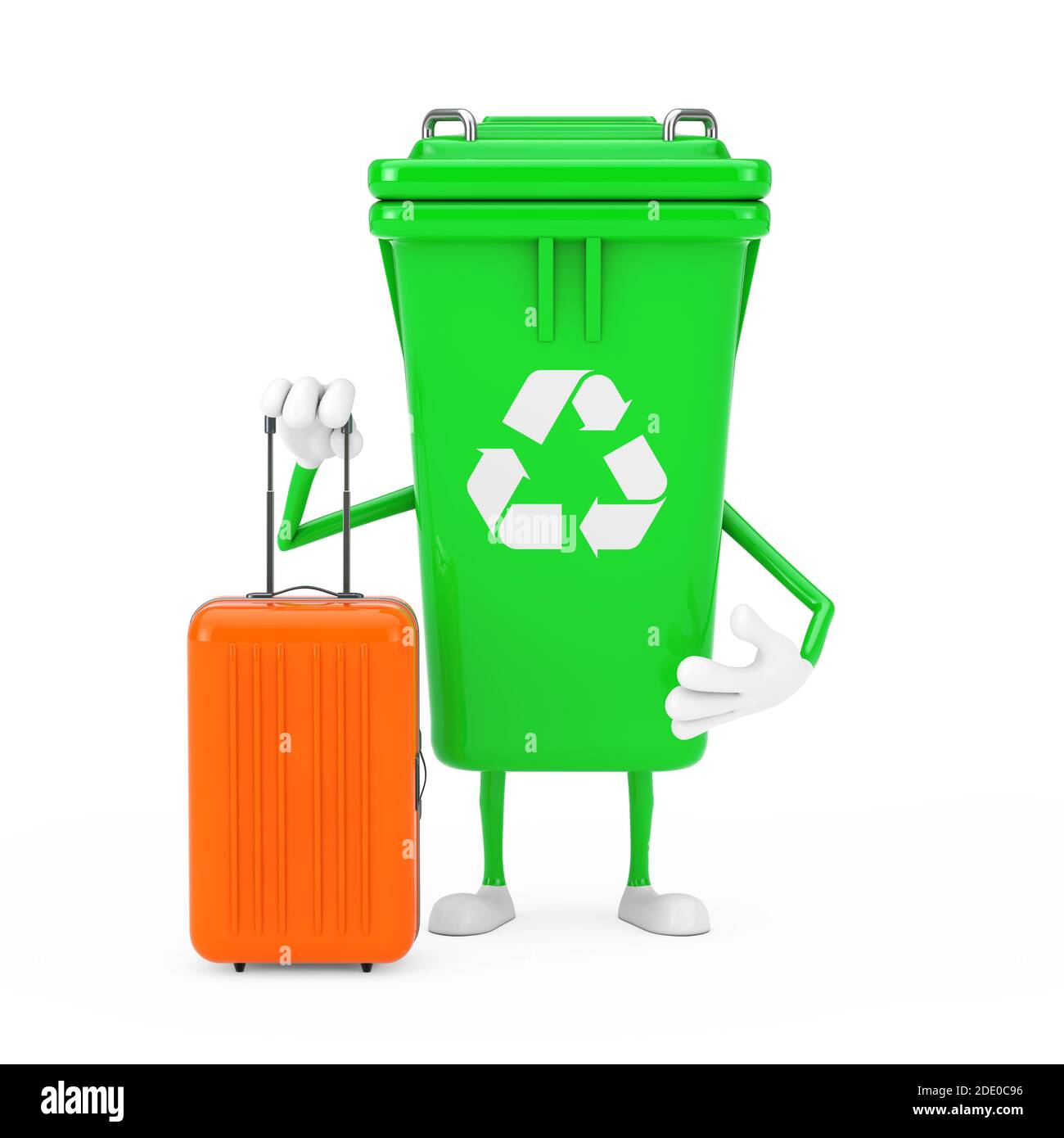 Recycle Sign Green Garbage Trash Bin Character Mascot with Orange Travel  Suitcase on a white background. 3d Rendering Stock Photo - Alamy