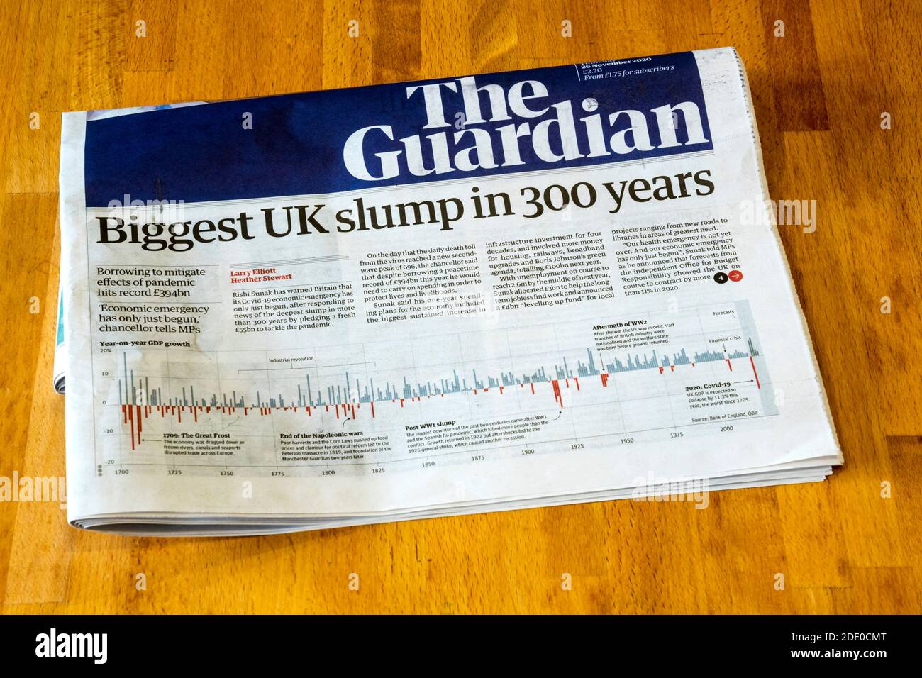 Guardian headline of 26 November 2020 reports on the biggest UK economic slump in 300 years. Stock Photo