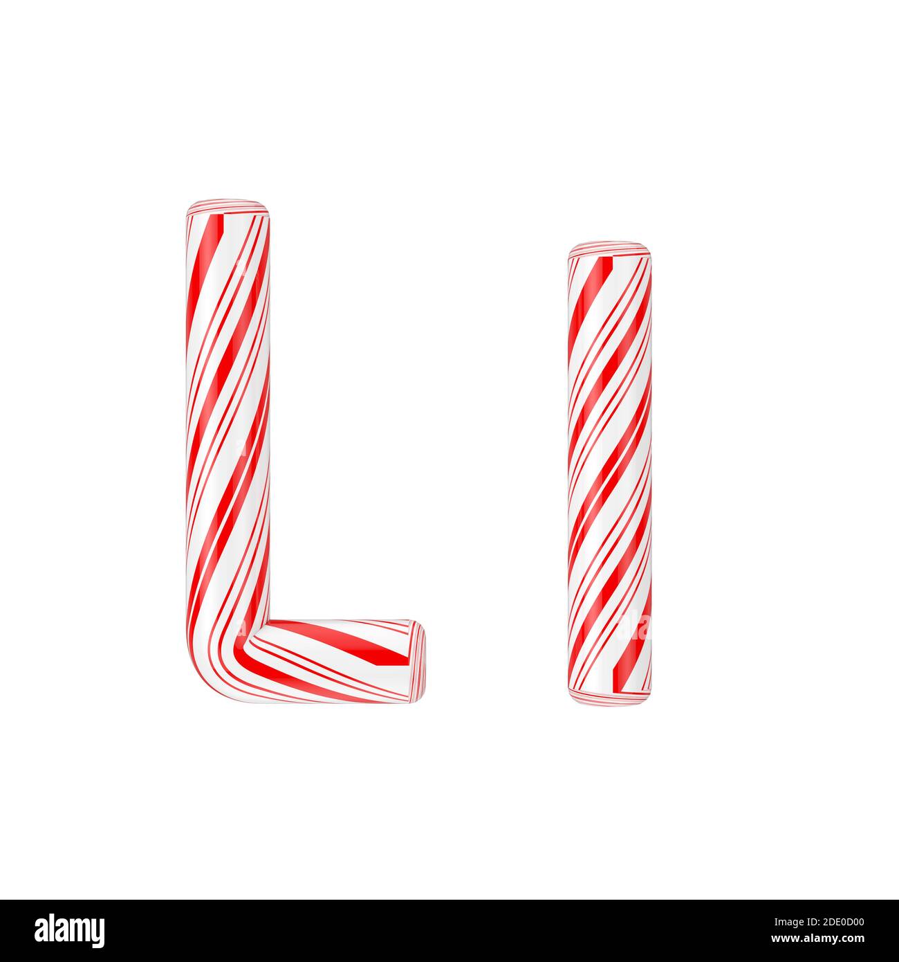 Letter L Mint Candy Cane Alphabet Collection Striped in Red Christmas Colour on a white background. 3d Rendering Stock Photo
