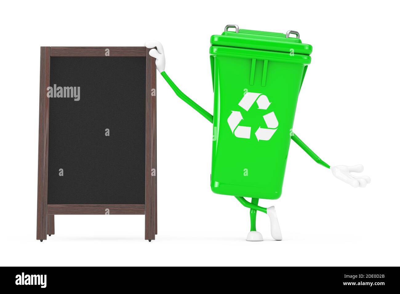 Recycle Sign Green Garbage Trash Bin Character Mascot with Blank Wooden