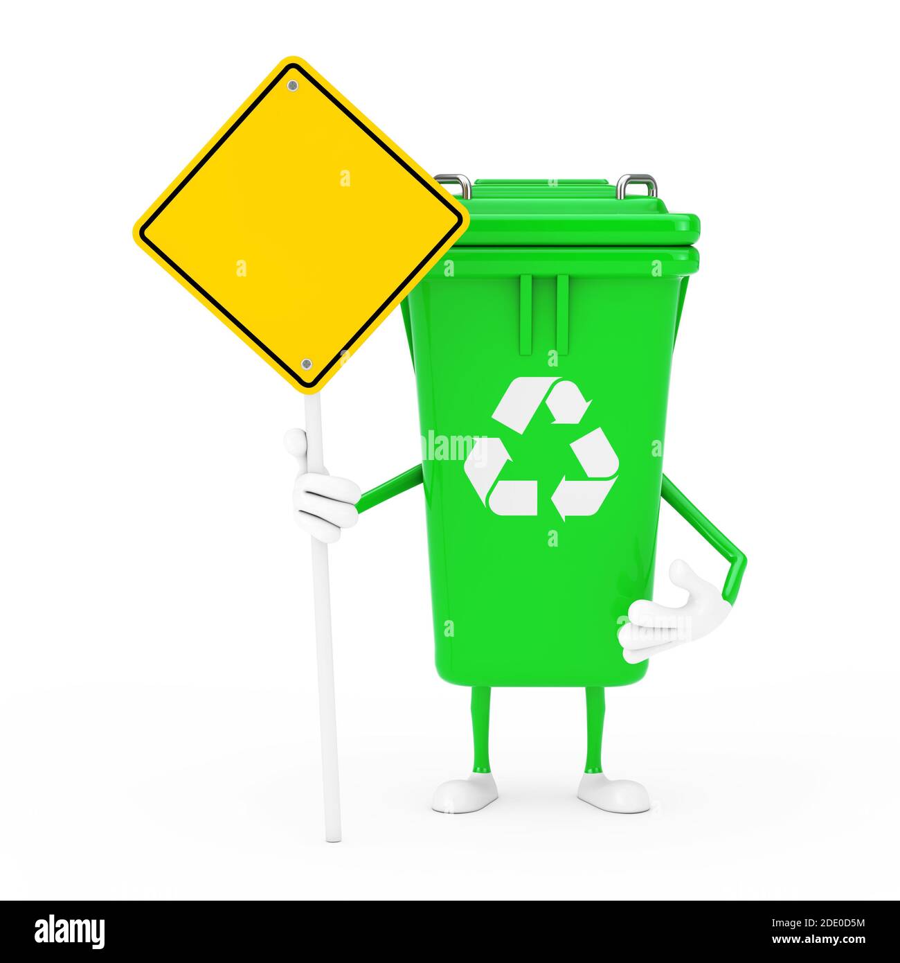 Recycle Sign Green Garbage Trash Bin Character Mascot and Yellow Road Sign with Free Space for
