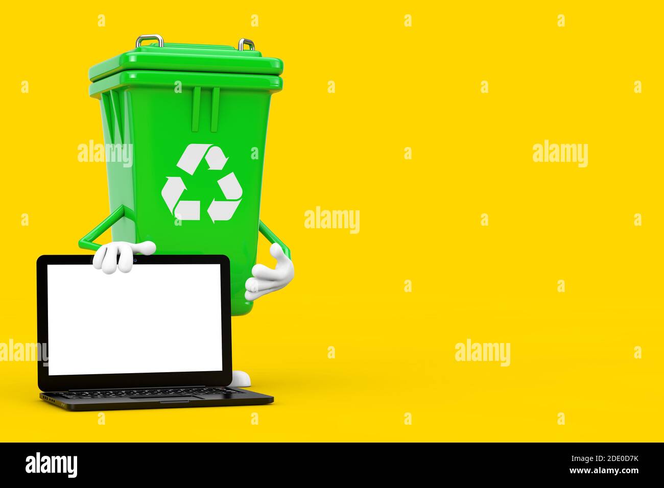 Recycle Sign Green Garbage Trash Bin Character Mascot and Modern Laptop