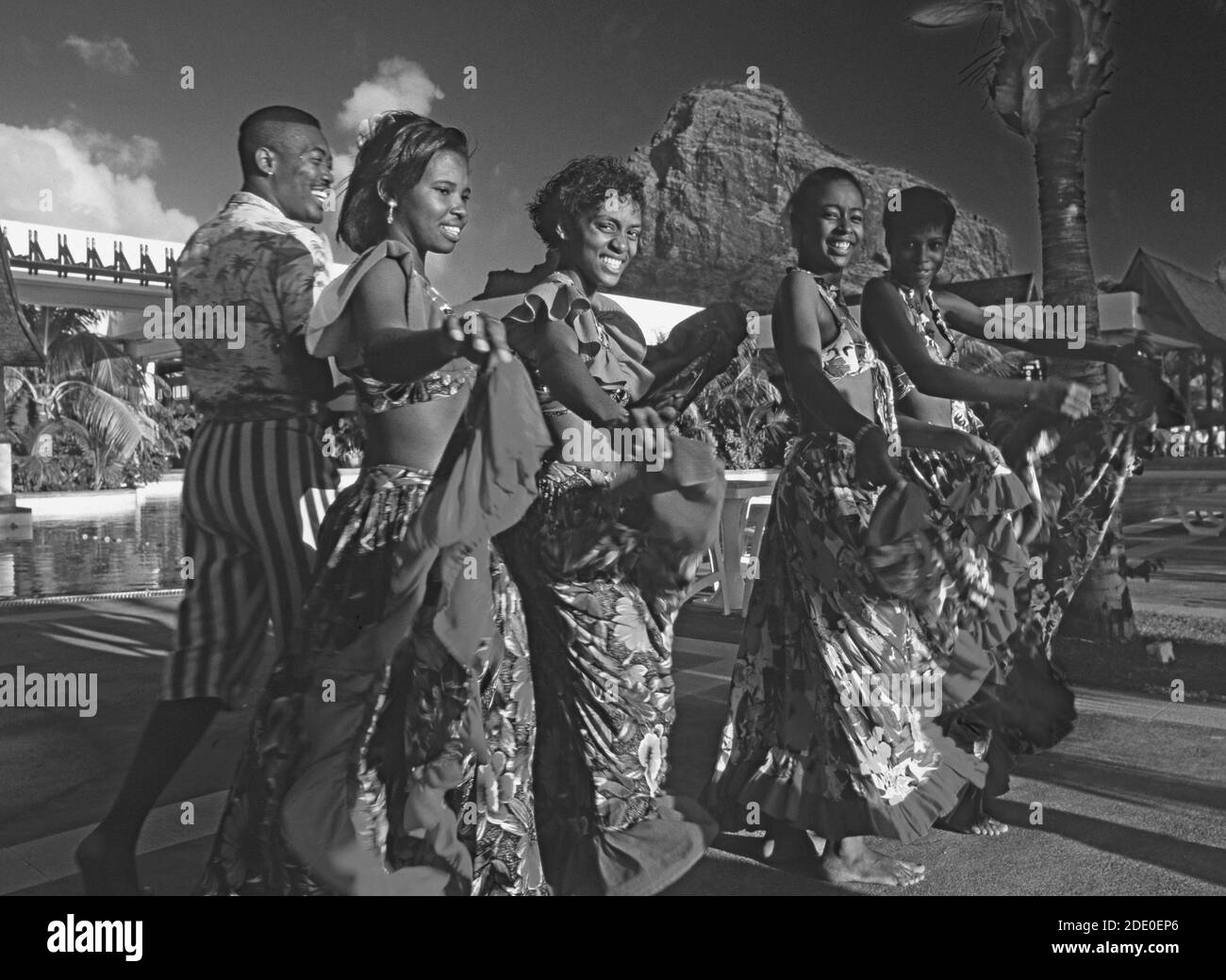 Mauritius: A Sega Dancer women group at a luxury hotel on the tourist island in the indian ocean Stock Photo