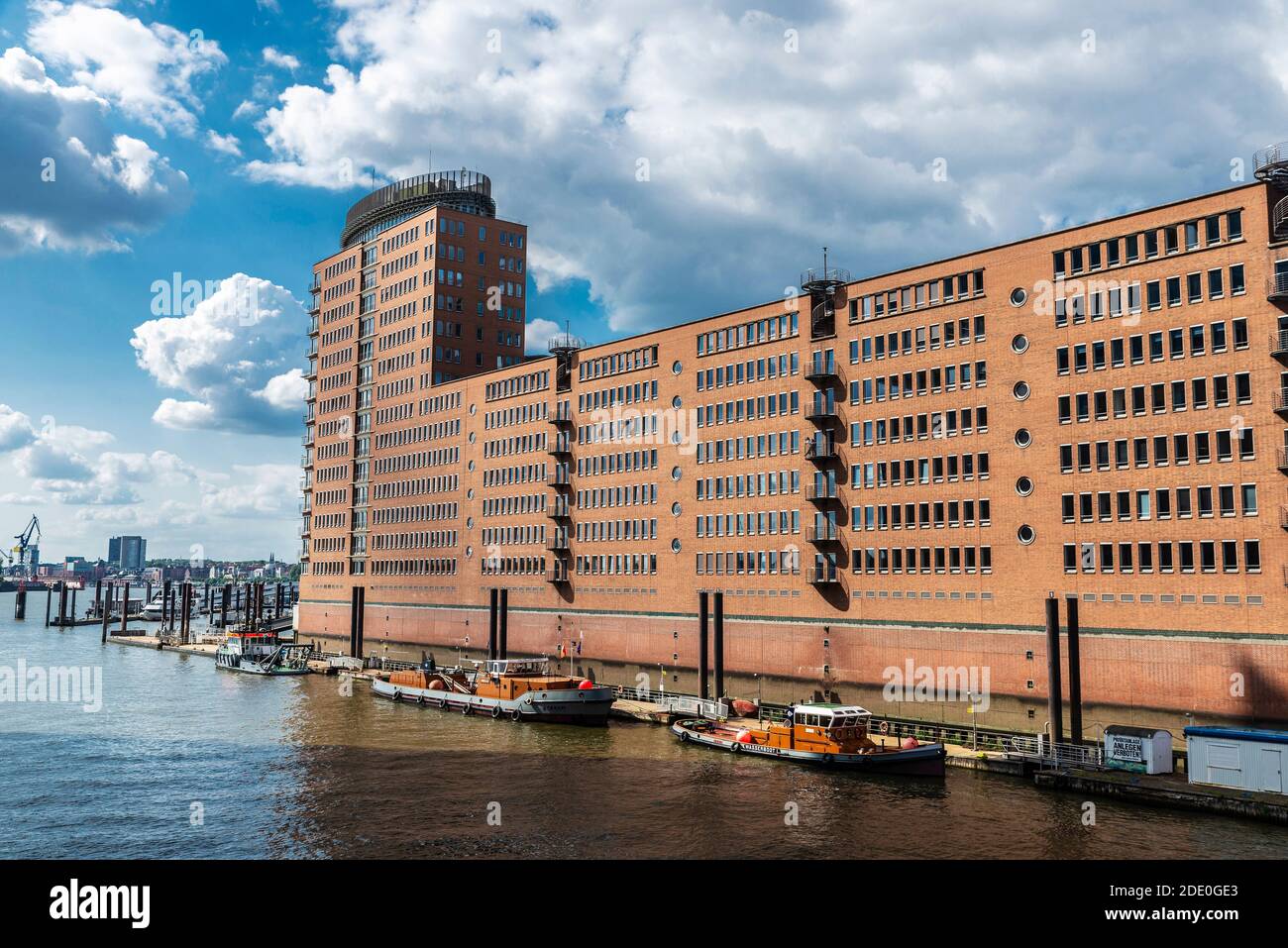 Hamburg, Germany - August 21, 2019: Hanseatic Trade Center (HTC) and Columbus Haus, modern office building in HafenCity, in the port of Hamburg, Germa Stock Photo