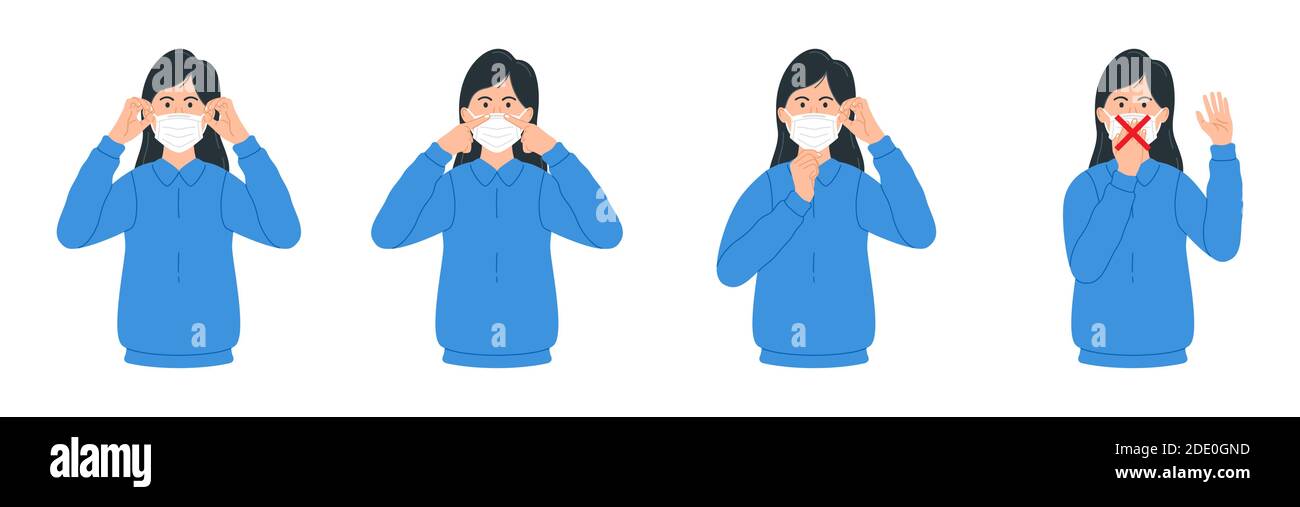 Wear and remove face mask. Step by step infographic illustration of how