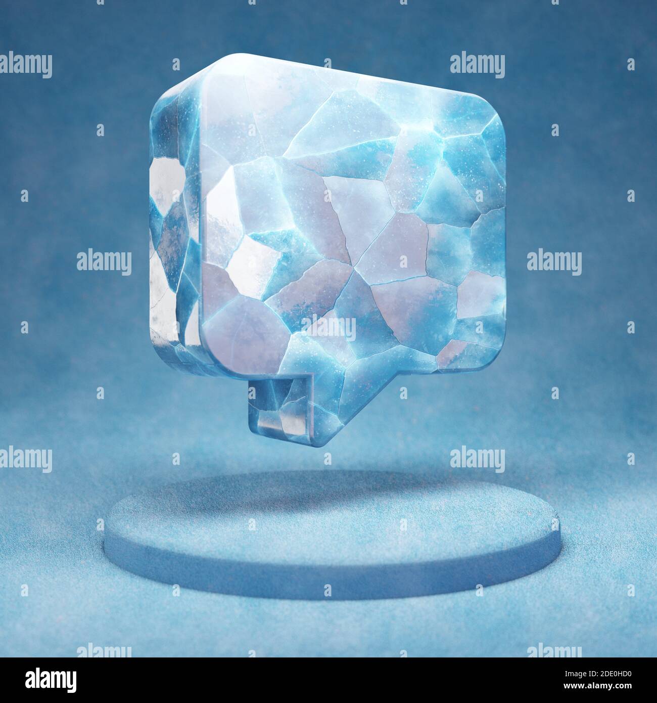 Comment icon. Cracked blue Ice Comment symbol on blue snow podium ...