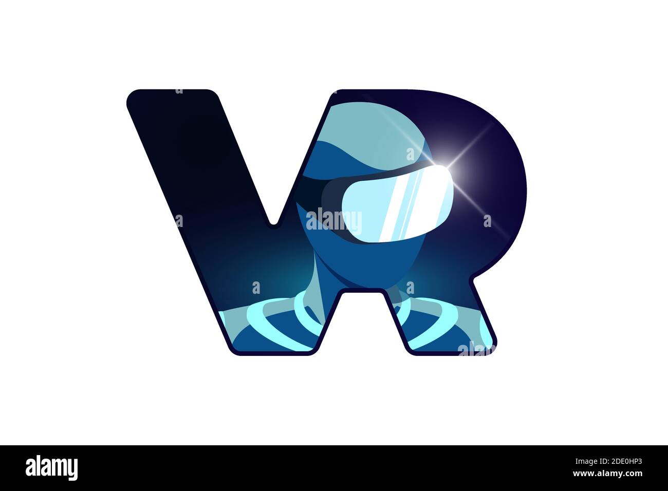VR logo design concept. Person wearing virtual or augmented reality glasses helmet inside V R letters logotype. Futuristic technology simulator vector Stock Vector