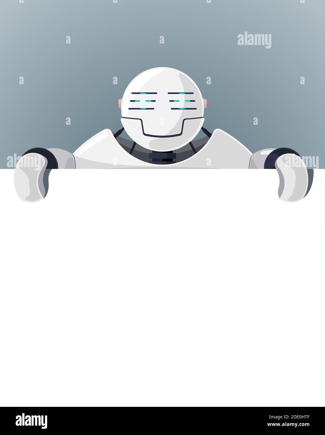 Cartoon robot stand behind blank poster space for text. White cyborg character holding empty white board for presentation. Robotic information banner Stock Vector