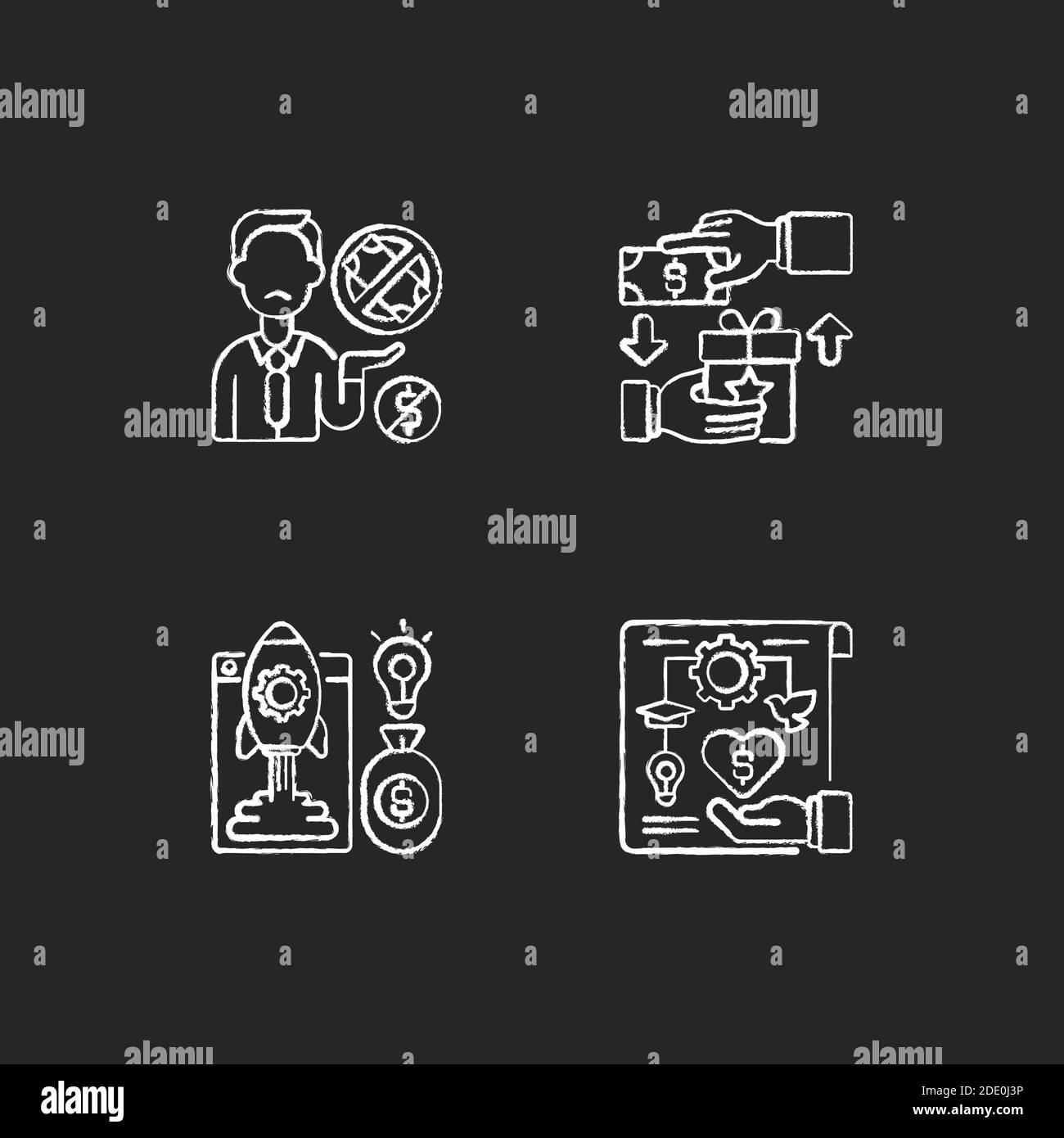 Crowdfunding issues chalk white icons set on black background Stock Vector