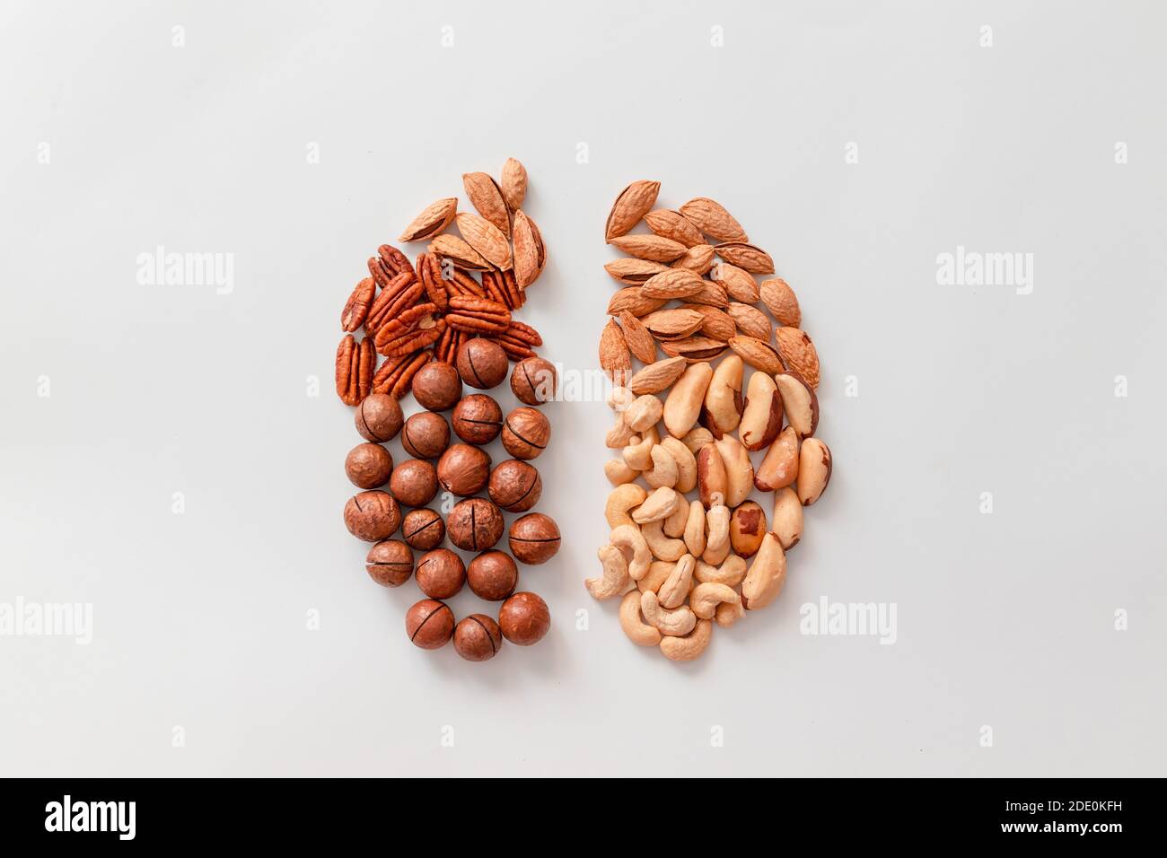Top view of pecans, brazil nut, cashews, almonds and macadamia nut