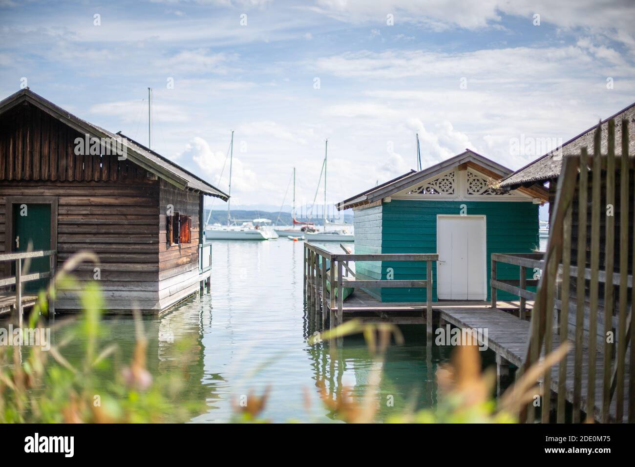 Private lake cabins in summer at Lake Starnberg, Bavaria, Germany Stock Photo
