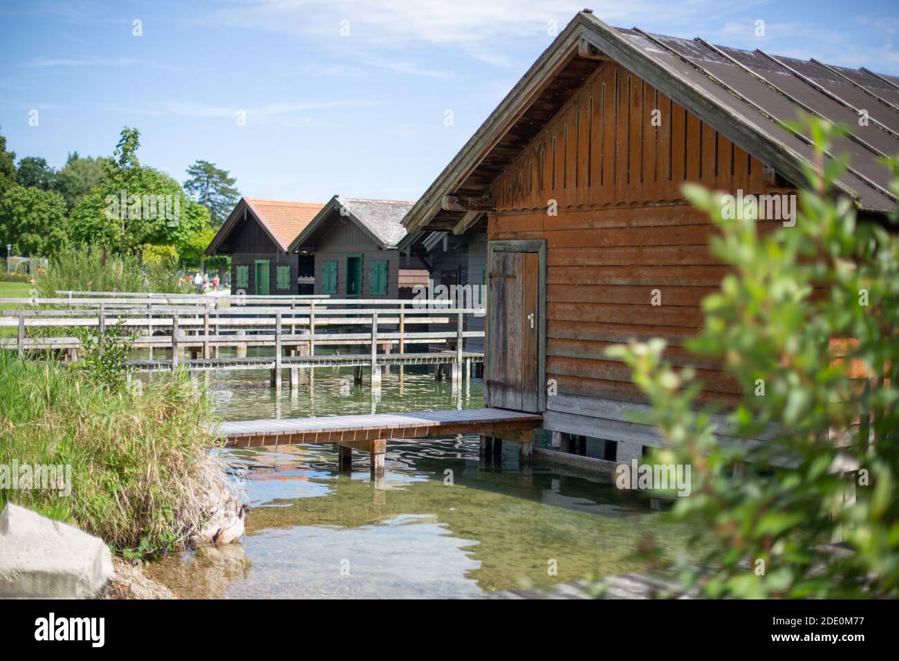 Private lake cabins in summer at Lake Starnberg, Bavaria, Germany Stock Photo