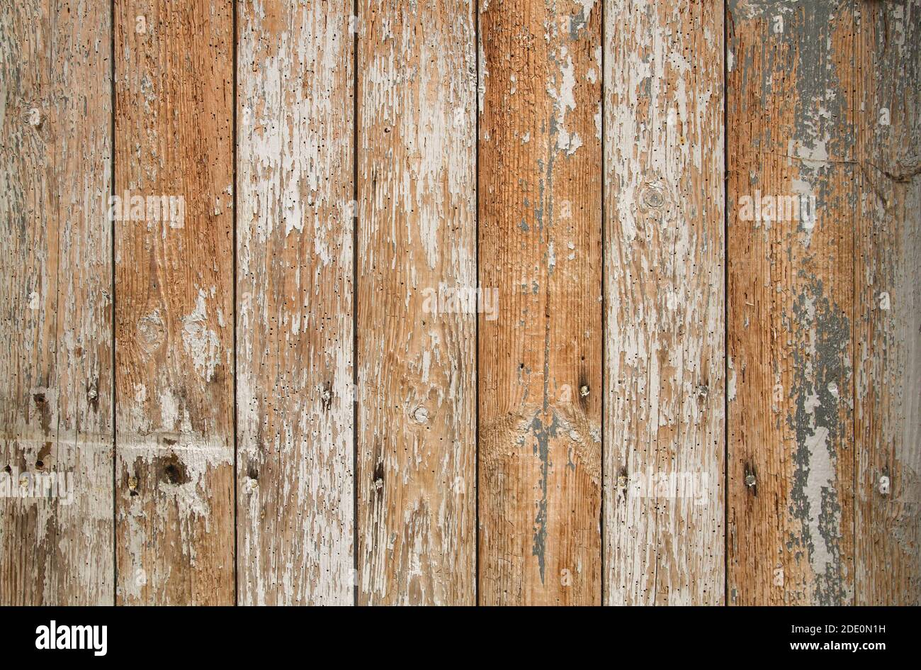 Old rustic wooden wall texure with white peeling paint, grunge background Stock Photo