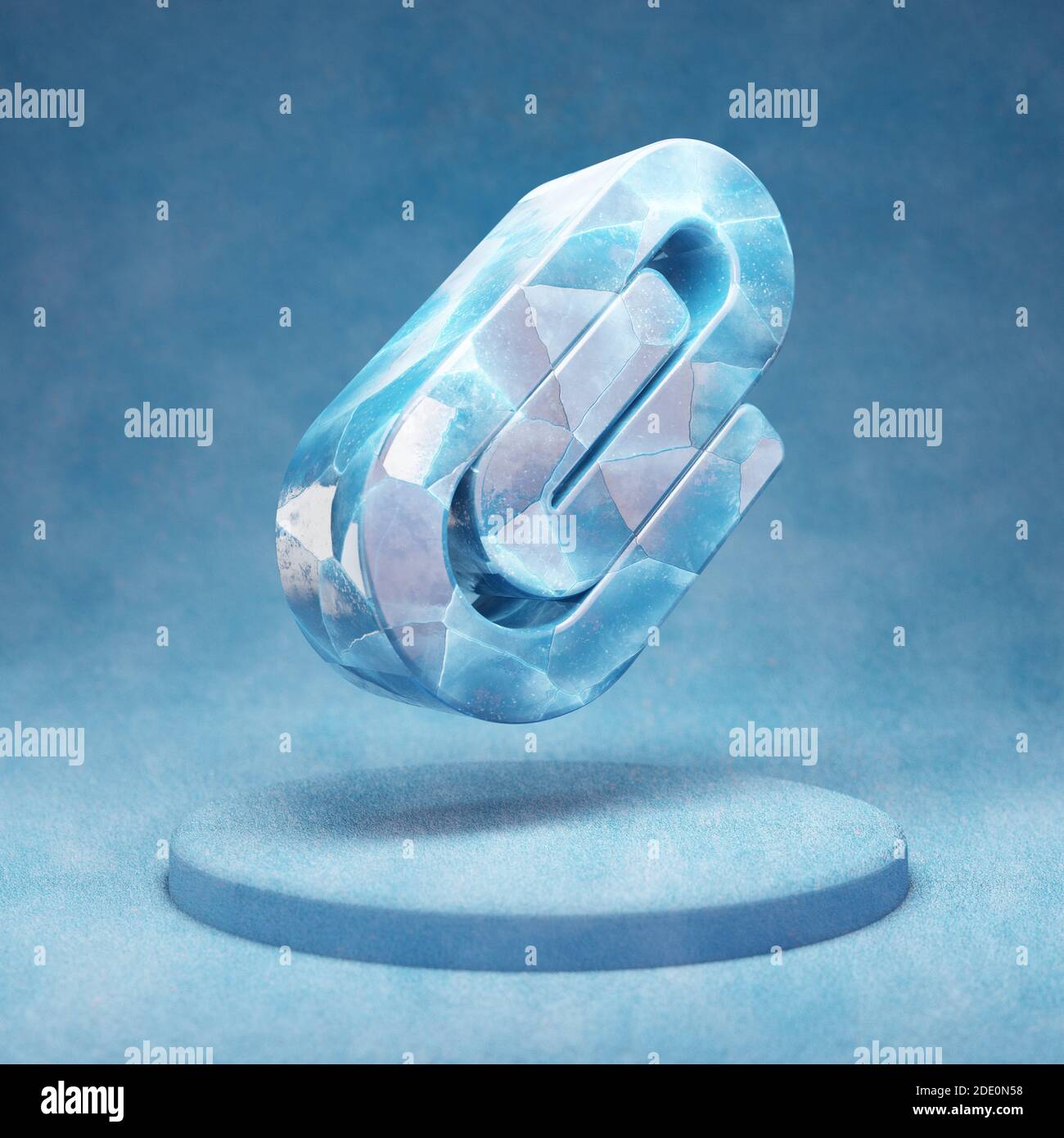 Paperclip icon. Cracked blue Ice Paperclip symbol on blue snow podium ...