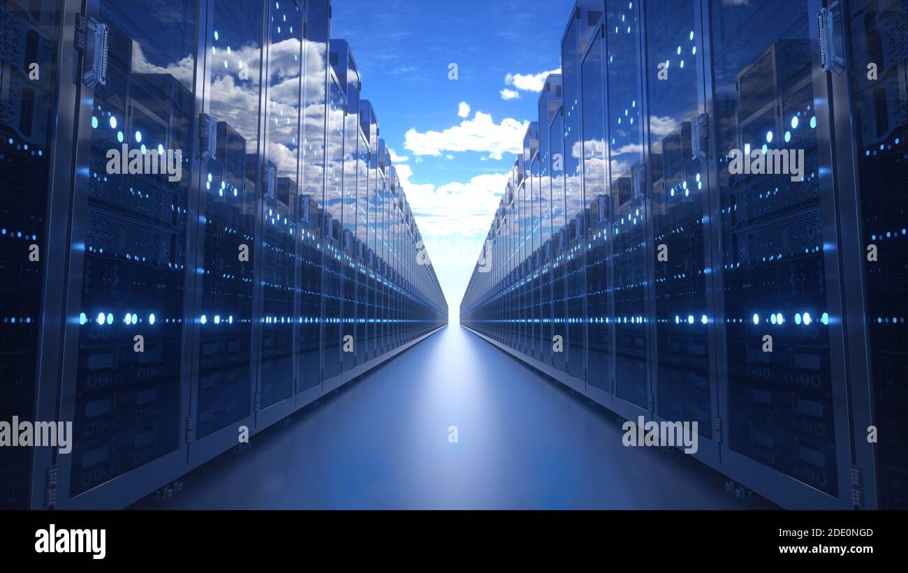 Server Racks with blue cloudy sky. 3d illustration Stock Photo - Alamy