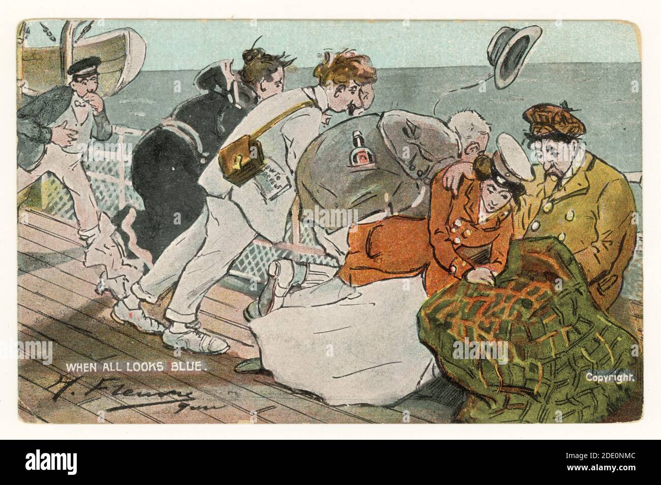 Original Edwardian comic cartoon postcard by artist Hermann Fleury, Sea sick passengers on deck, 1906. Stock Photo