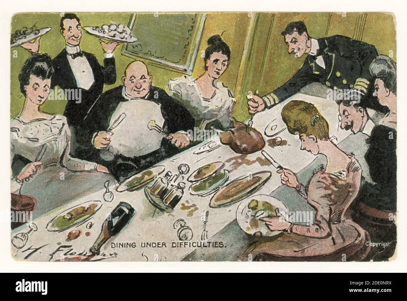 Original Edwardian comic cartoon postcard by artist Hermann Fleury, dining under difficulties - eating from sloping table in a ship's dining room, posted 8 July 1906, U.K. Stock Photo