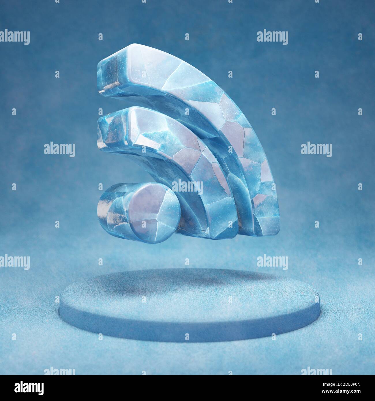 RSS icon. Cracked blue Ice RSS symbol on blue snow podium. Social Media Icon for website, presentation, design template element. 3D render. Stock Photo