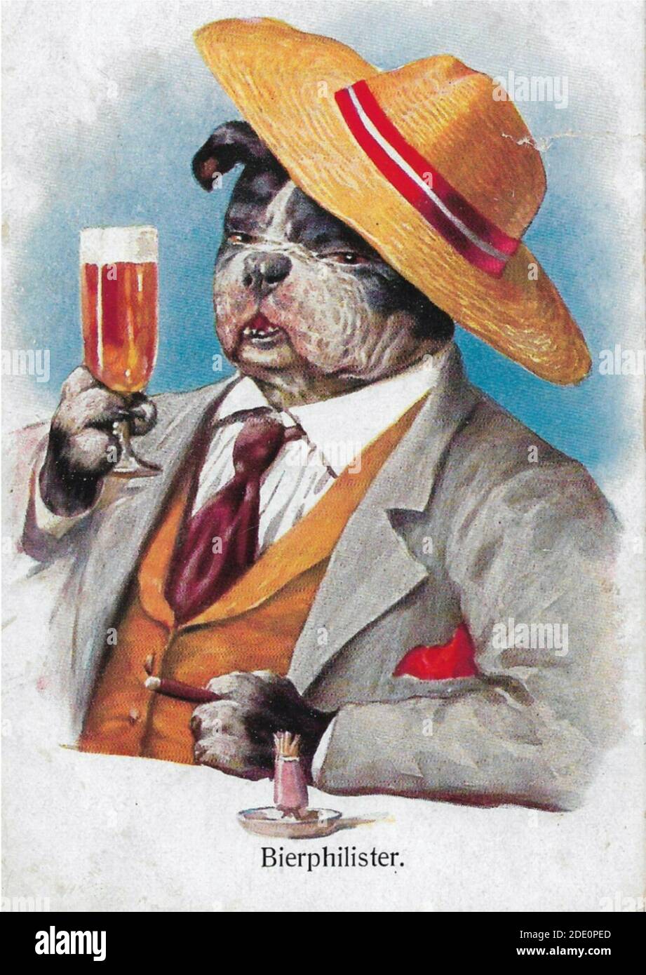Dog dressed as human stands upright with drink in hand about to drink alcohol. Cheers. Stock Photo