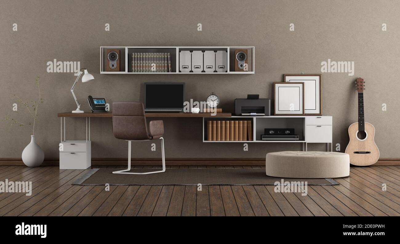 Workplace with laptop on desk and bookcase in modern room - 3D Rendering Stock Photo