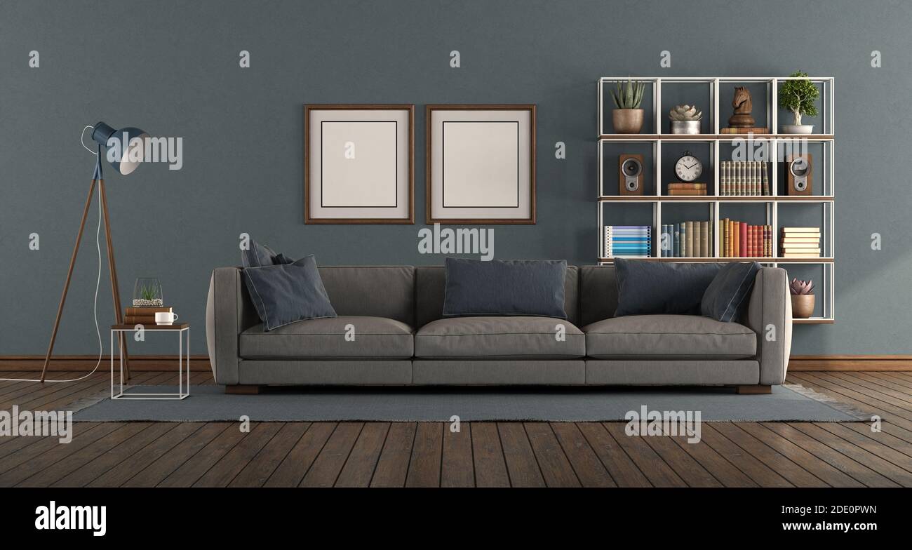 Blue living room with modern sofa and bookcase on background - 3d ...