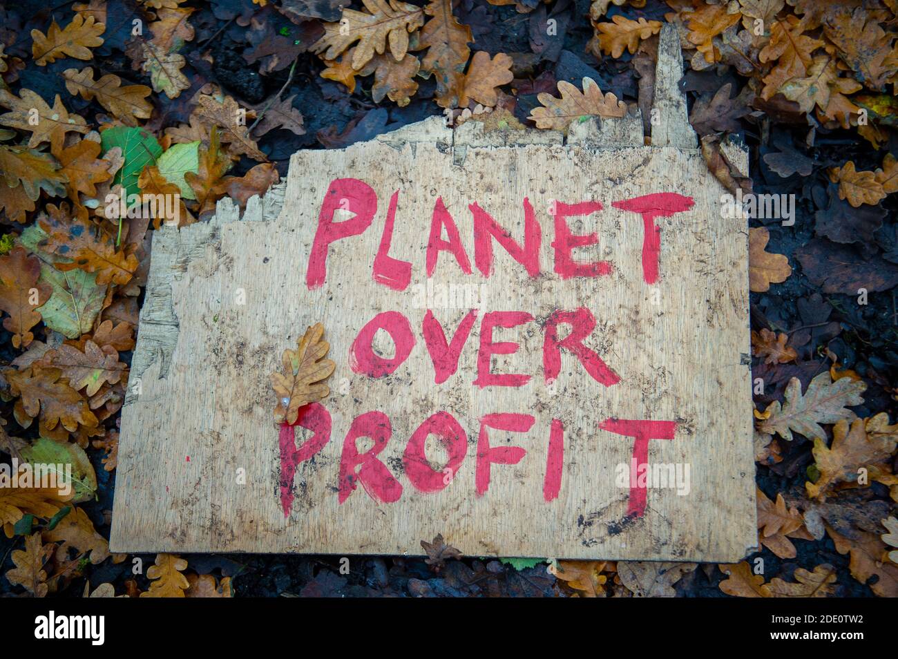 Denham, Buckinghamshire, UK. 27th November, 2020. A planet over profit message at the Denham Wildlife Protection Camp in Denham Country Park. Environmental activists are camping in woodland and living in tree houses next to the HS2 compound as they try to protect the trees from the chainsaws of HS2. The controversial HS2 High Speed rail puts 693 wildlife sites, 33 SSSIs and 108 ancient woodlands at risk. Credit: Maureen McLean/Alamy Live News Stock Photo