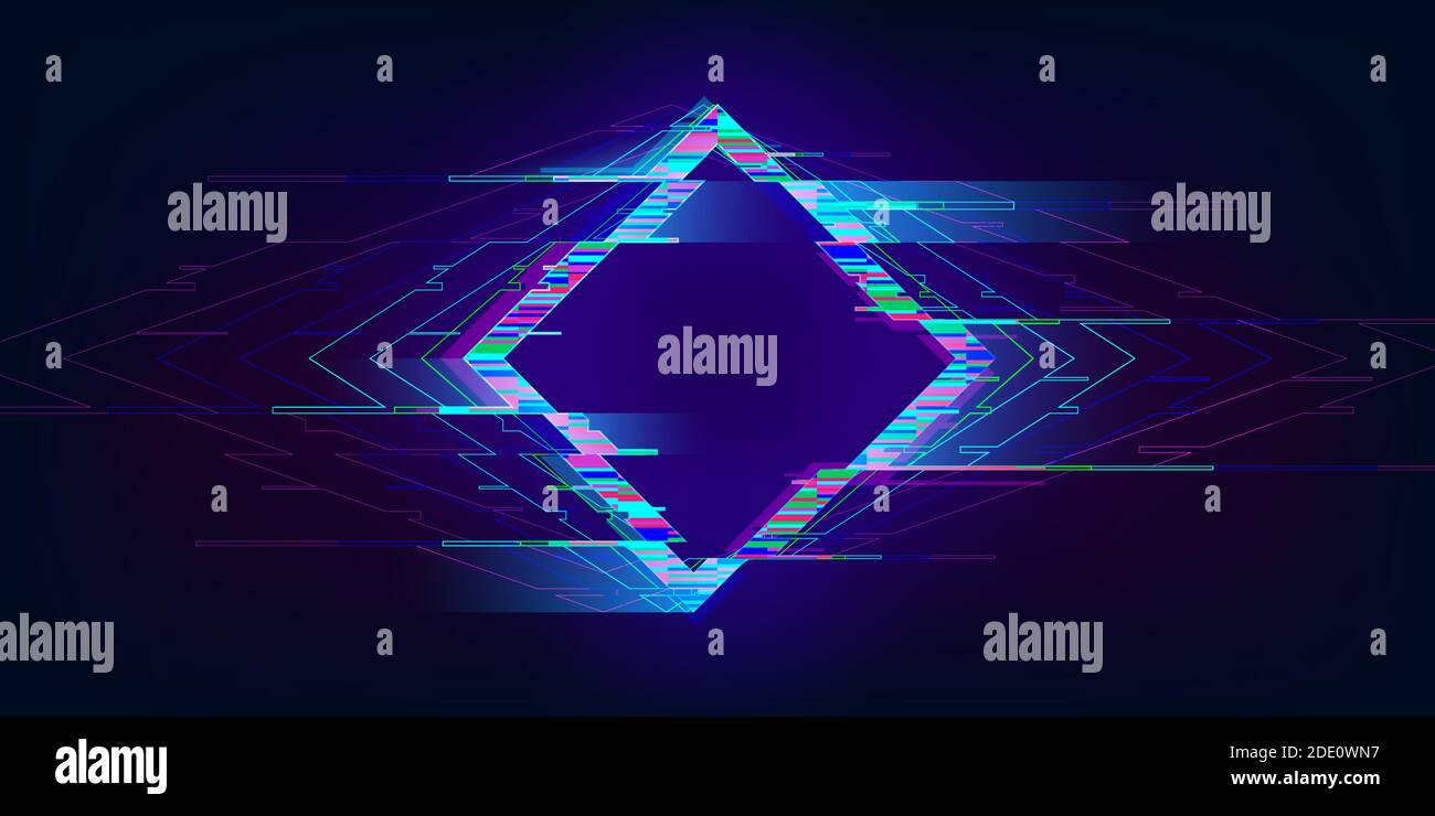 Glitch rhombus. Distorted glowing rhombus cyberpunk style. Futuristic geometry shape with TV interference effect. Design for promo music events, games Stock Vector